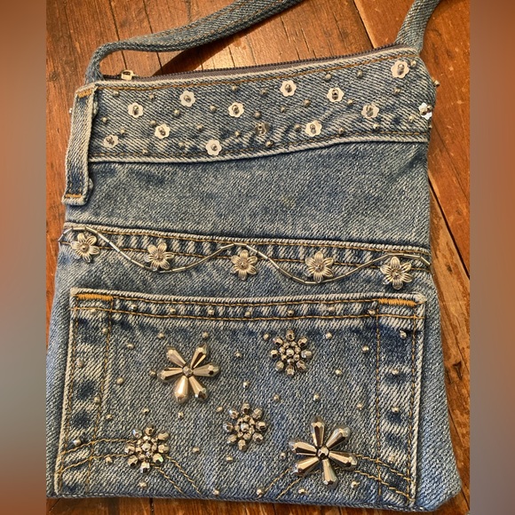 Boho Chic CROSSBODY Handbag Blue Jean with Silver Beads NEW - Picture 4 of 8